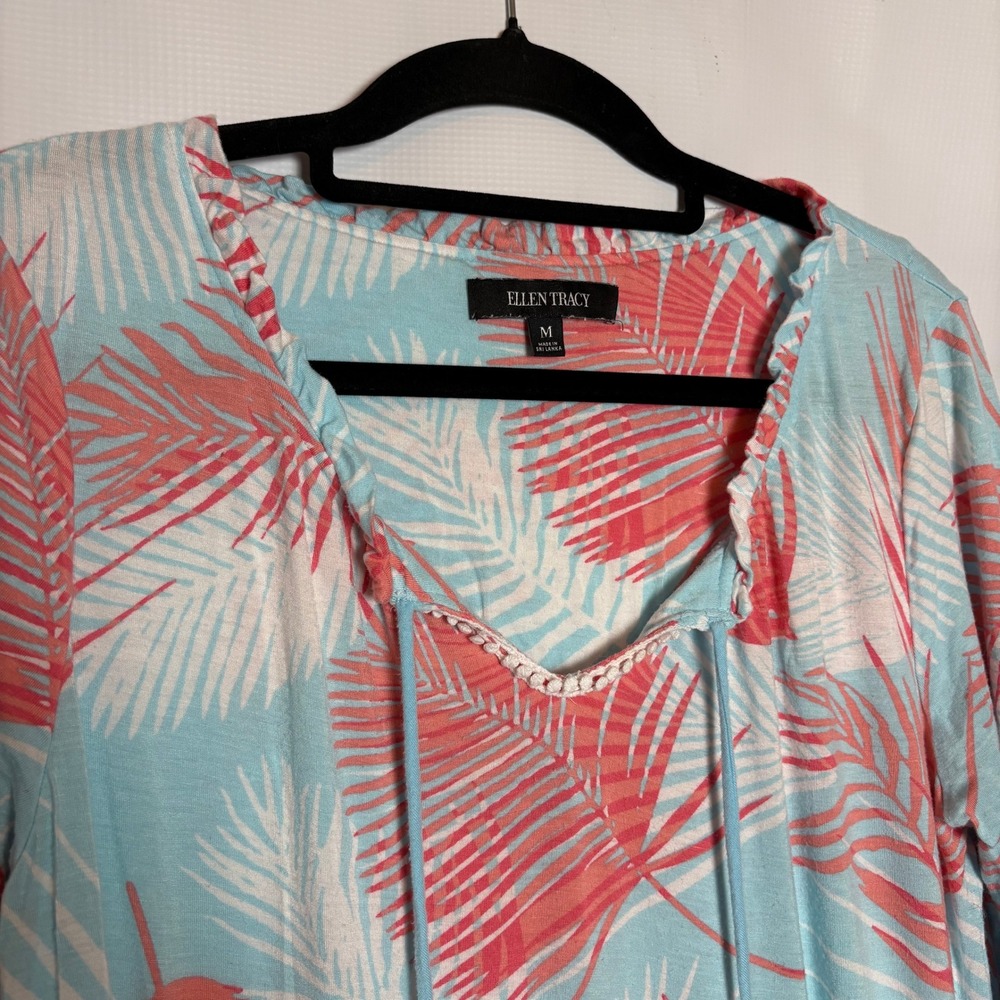 Ellen Tracy Palm Print Nightgown Womens M Blue Coral‎ White Casual Comfy Soft - Picture 2 of 7